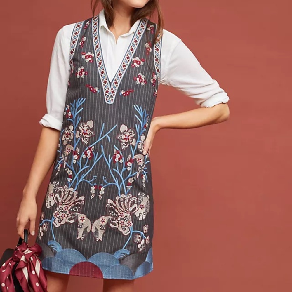 Foxiedox Anthropologie Yumiko Pinstripe Floral Embroidered Dress Boho Retro